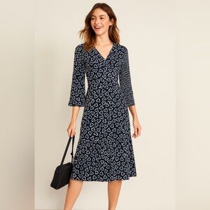 Boden Hettie Faux Wrap Jersey Dress – Heart Print, Flared Sleeve, Tiered Skirt